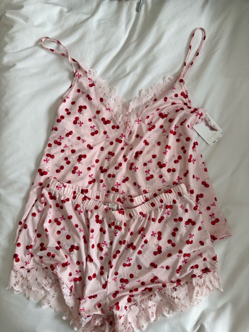 Pink Cherry Lace-Trim Sleep Cami & Short Set